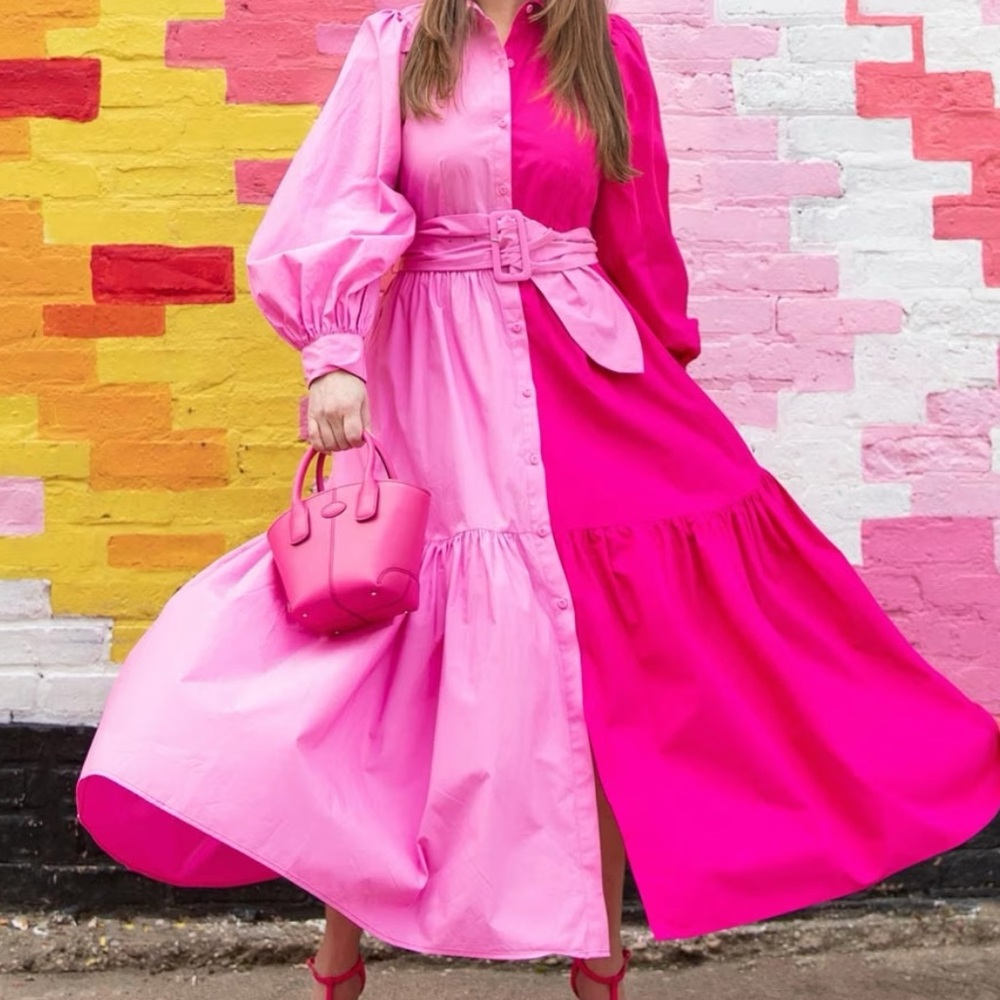 Christopher John Roger’s Vibrant Pink Colorblock Maxi Dress
